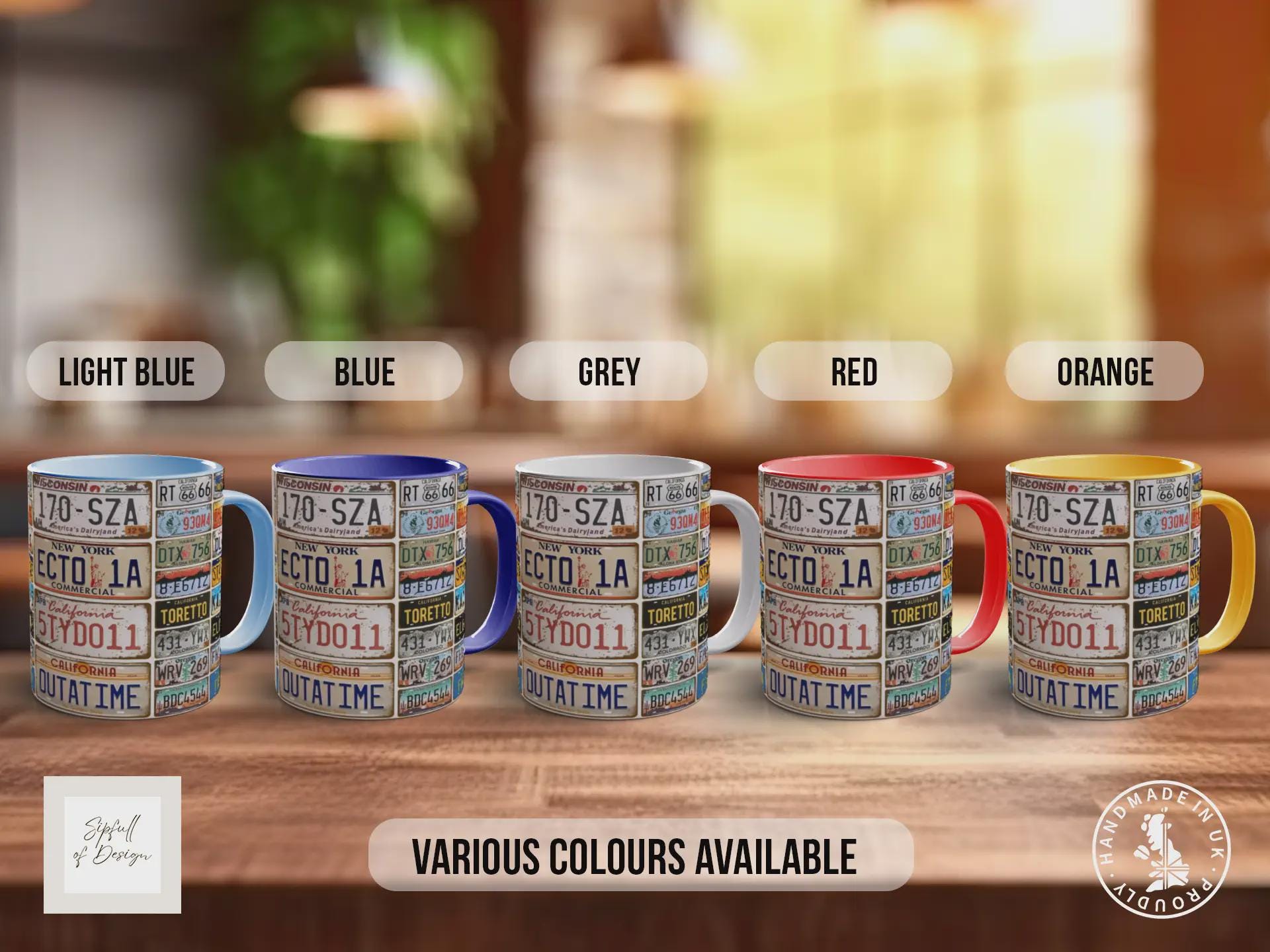Vintage Car Plates Mug – Retro Licence Plate Collage – Classic Car Enthusiast Gift – Movie & Route 66 Designs – Various Colours Available