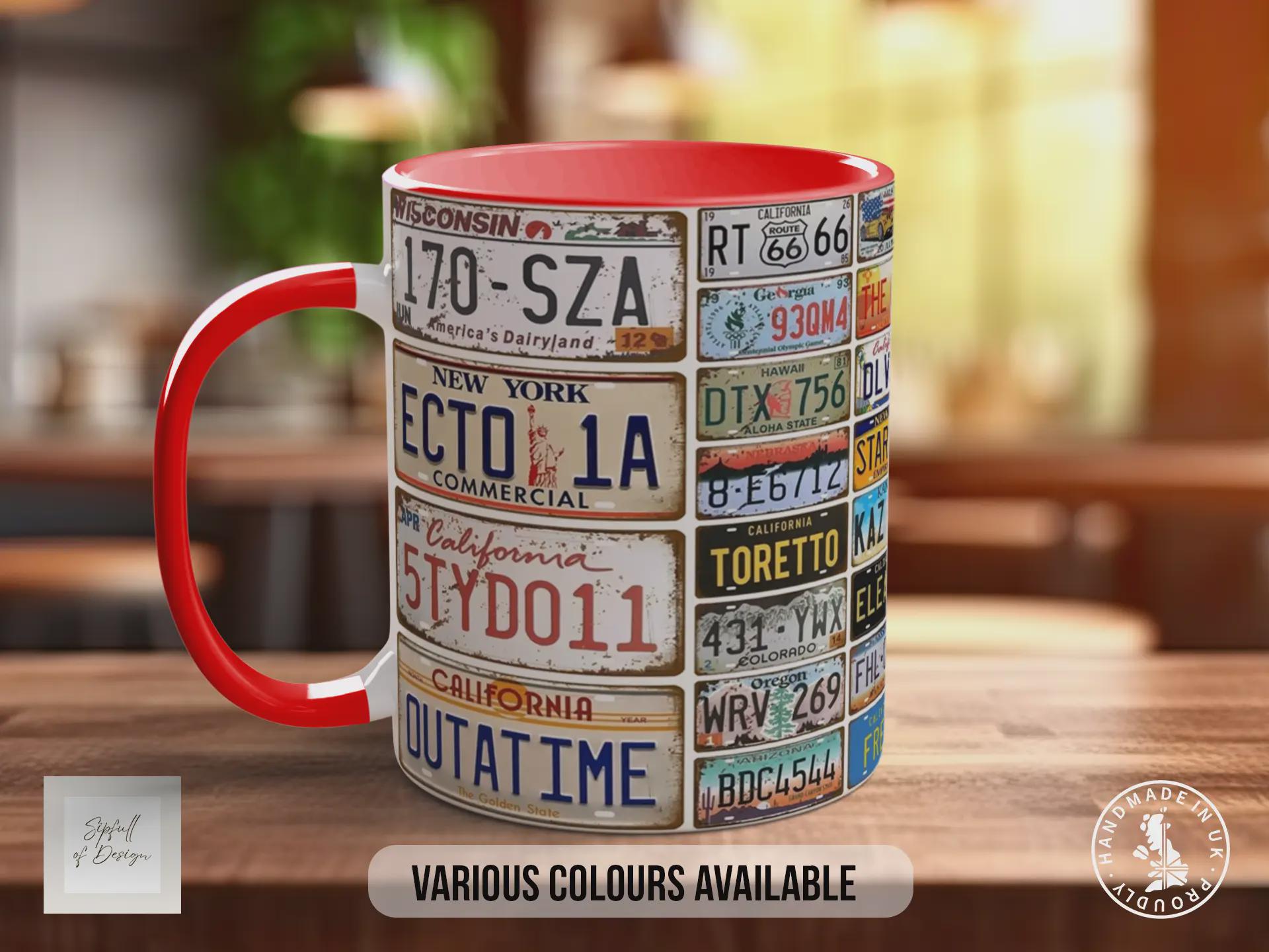 Vintage Car Plates Mug – Retro Licence Plate Collage – Classic Car Enthusiast Gift – Movie & Route 66 Designs – Various Colours Available