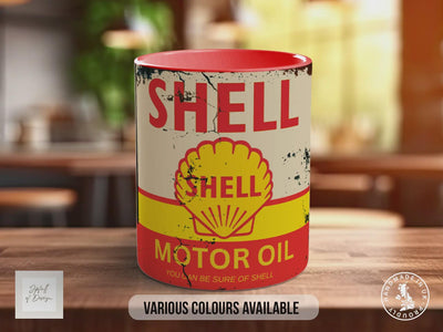 Shell Motor Oil Mug – Vintage Petrol Can Design – Retro Garage & Workshop Gift – Classic Car Enthusiast Mug – Various Colours Available