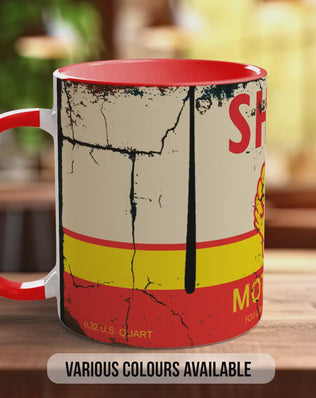Shell Motor Oil Mug – Vintage Petrol Can Design – Retro Garage & Workshop Gift – Classic Car Enthusiast Mug – Various Colours Available