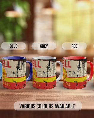 Shell Motor Oil Mug – Vintage Petrol Can Design – Retro Garage & Workshop Gift – Classic Car Enthusiast Mug – Various Colours Available
