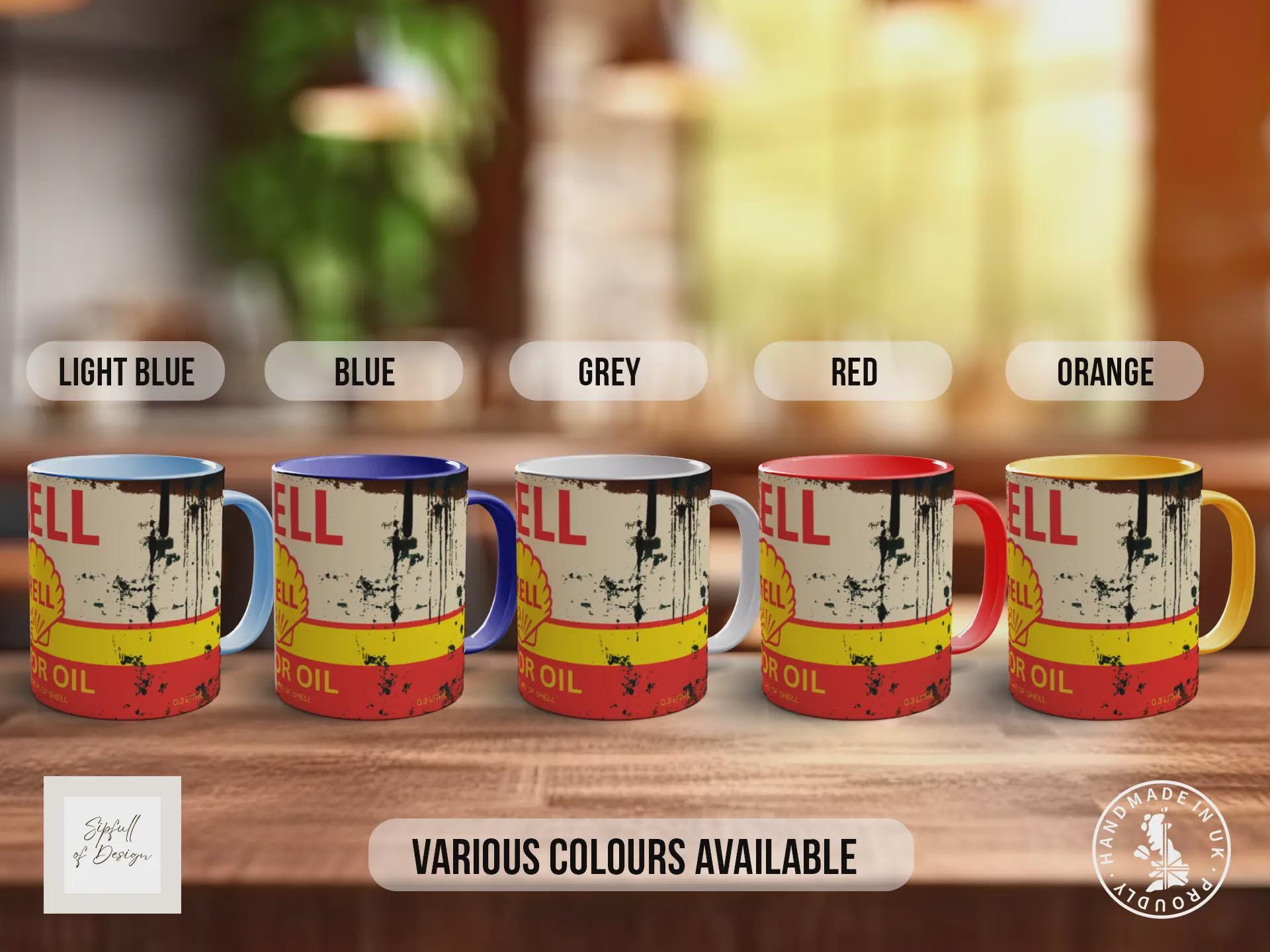 Shell Motor Oil Mug – Vintage Petrol Can Design – Retro Garage & Workshop Gift – Classic Car Enthusiast Mug – Various Colours Available