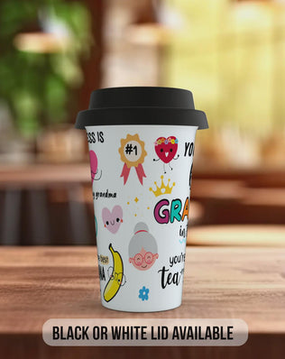 Best Grandma Ever Travel Mug – Colourful Full Wrap Design – Black or White Lid