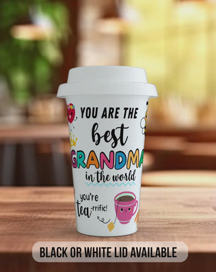Best Grandma Ever Travel Mug – Colourful Full Wrap Design – Black or White Lid