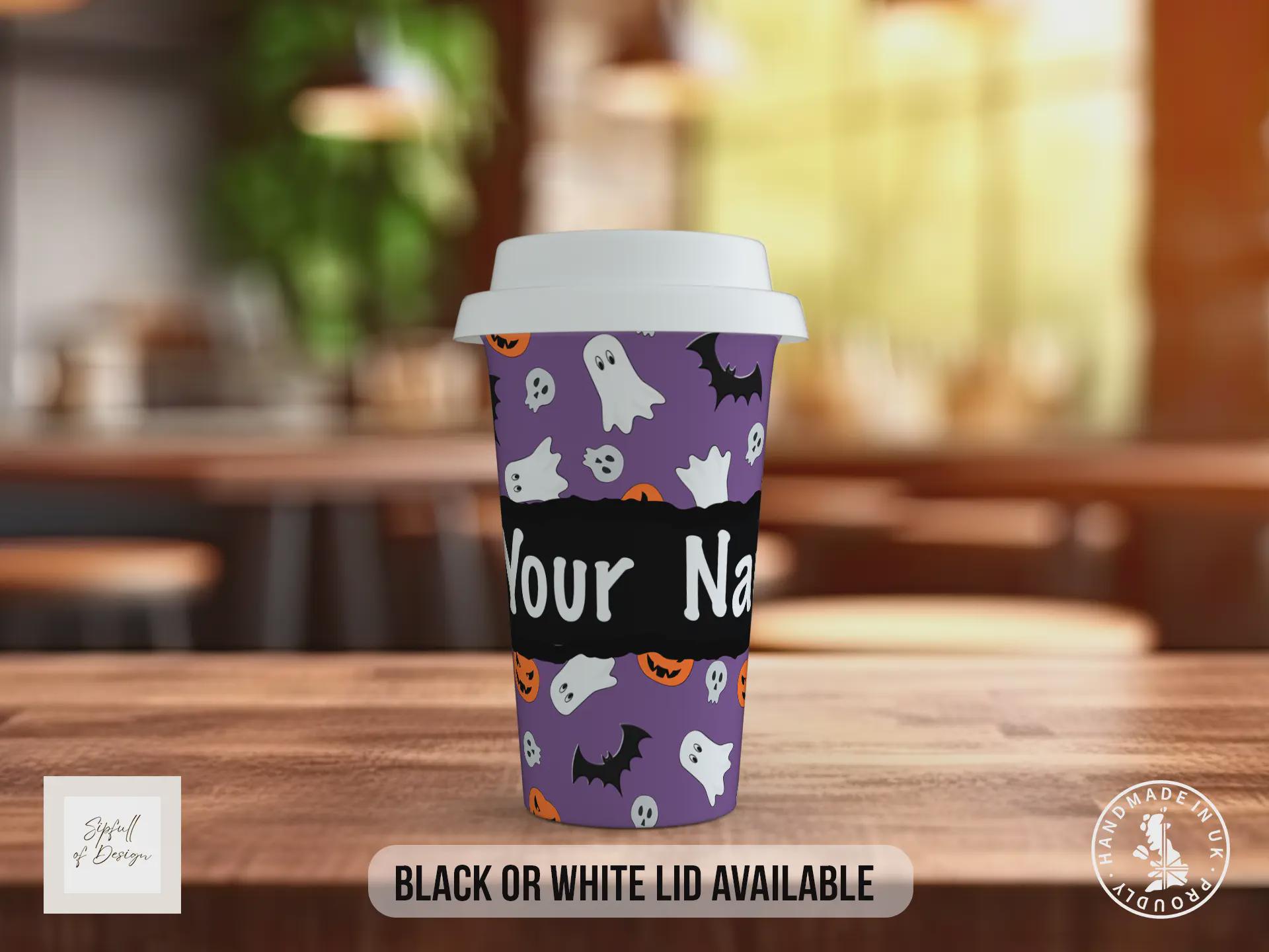 Personalised Halloween Travel Mug – Ghosts, Pumpkins & Bats Design – Custom Name Coffee Cup with Black or White Lid