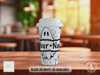 Personalised Cute Ghost Halloween Travel Mug – Custom Name Coffee Cup with Black or White Lid – Spooky Season Gift