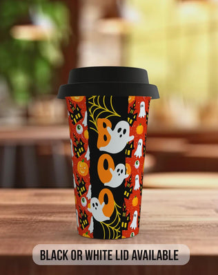 BOO Halloween Travel Mug – Ghosts, Pumpkins & Haunted House Design – Spooky Reusable Coffee Cup with Black or White Lid