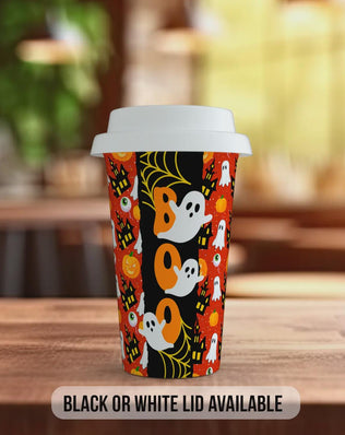 BOO Halloween Travel Mug – Ghosts, Pumpkins & Haunted House Design – Spooky Reusable Coffee Cup with Black or White Lid