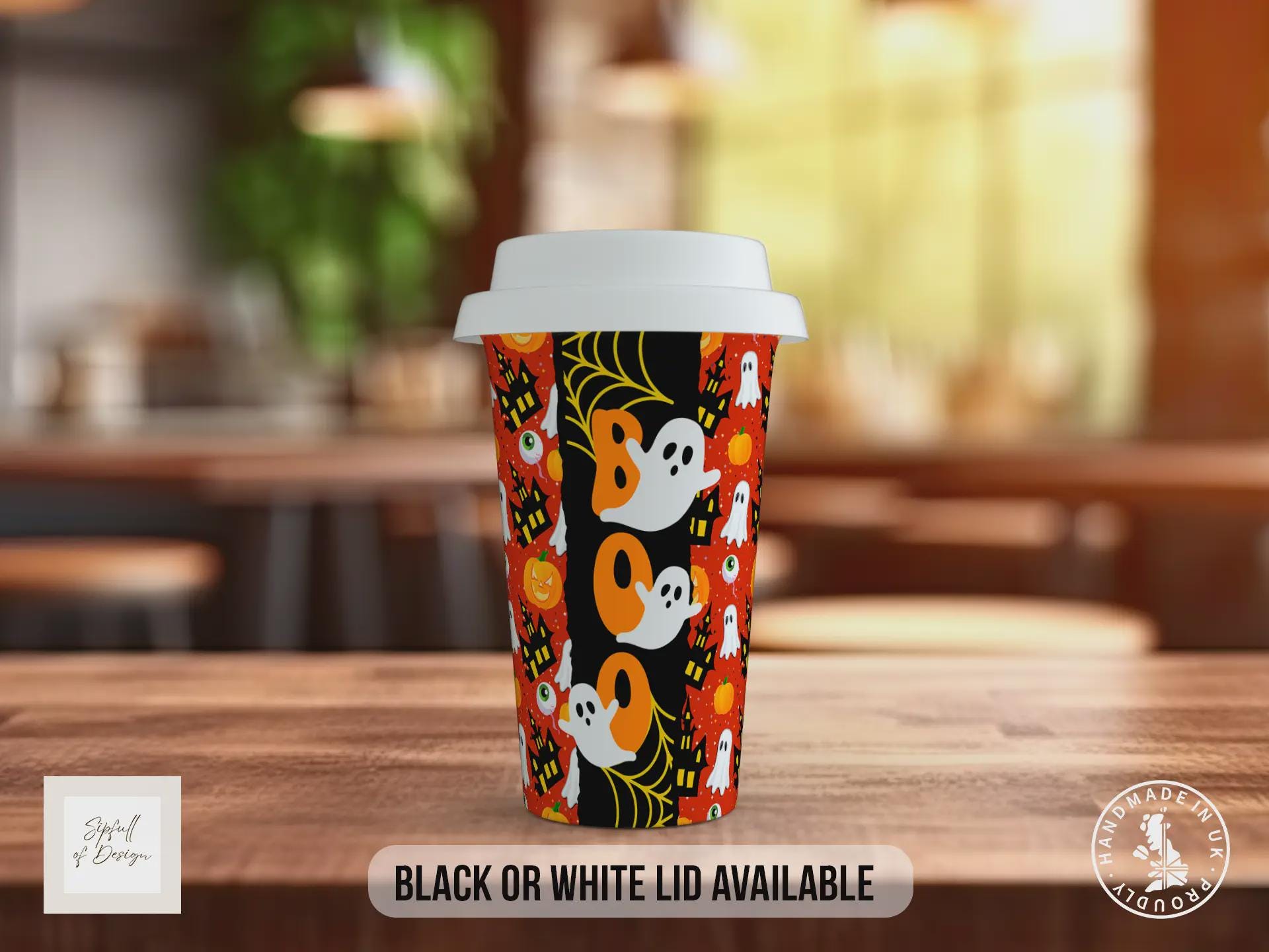 BOO Halloween Travel Mug – Ghosts, Pumpkins & Haunted House Design – Spooky Reusable Coffee Cup with Black or White Lid