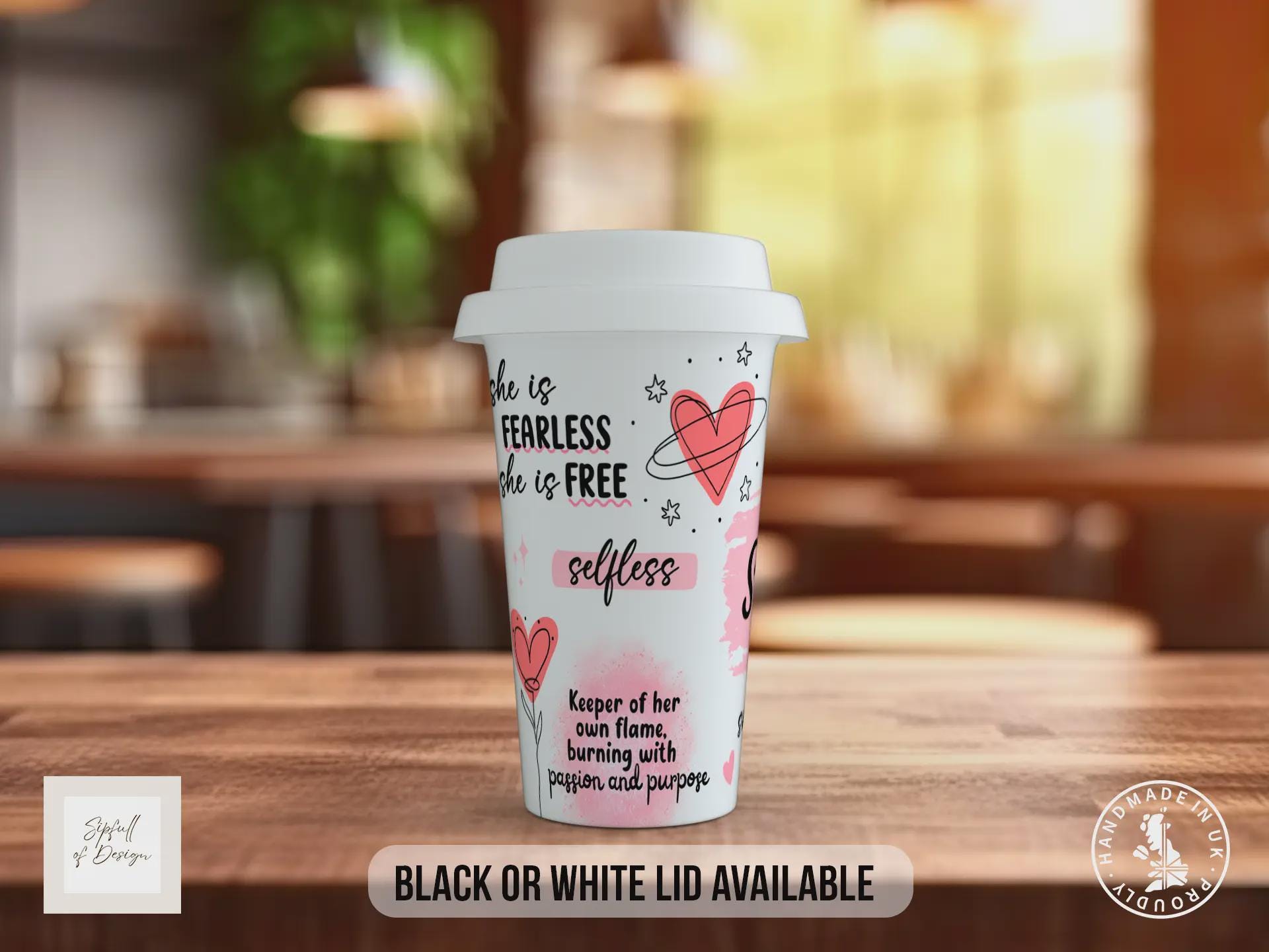 She Is Fierce Travel Mug – Empowering Coffee Cup with Positive Quotes – Inspirational Gift with Black or White Lid