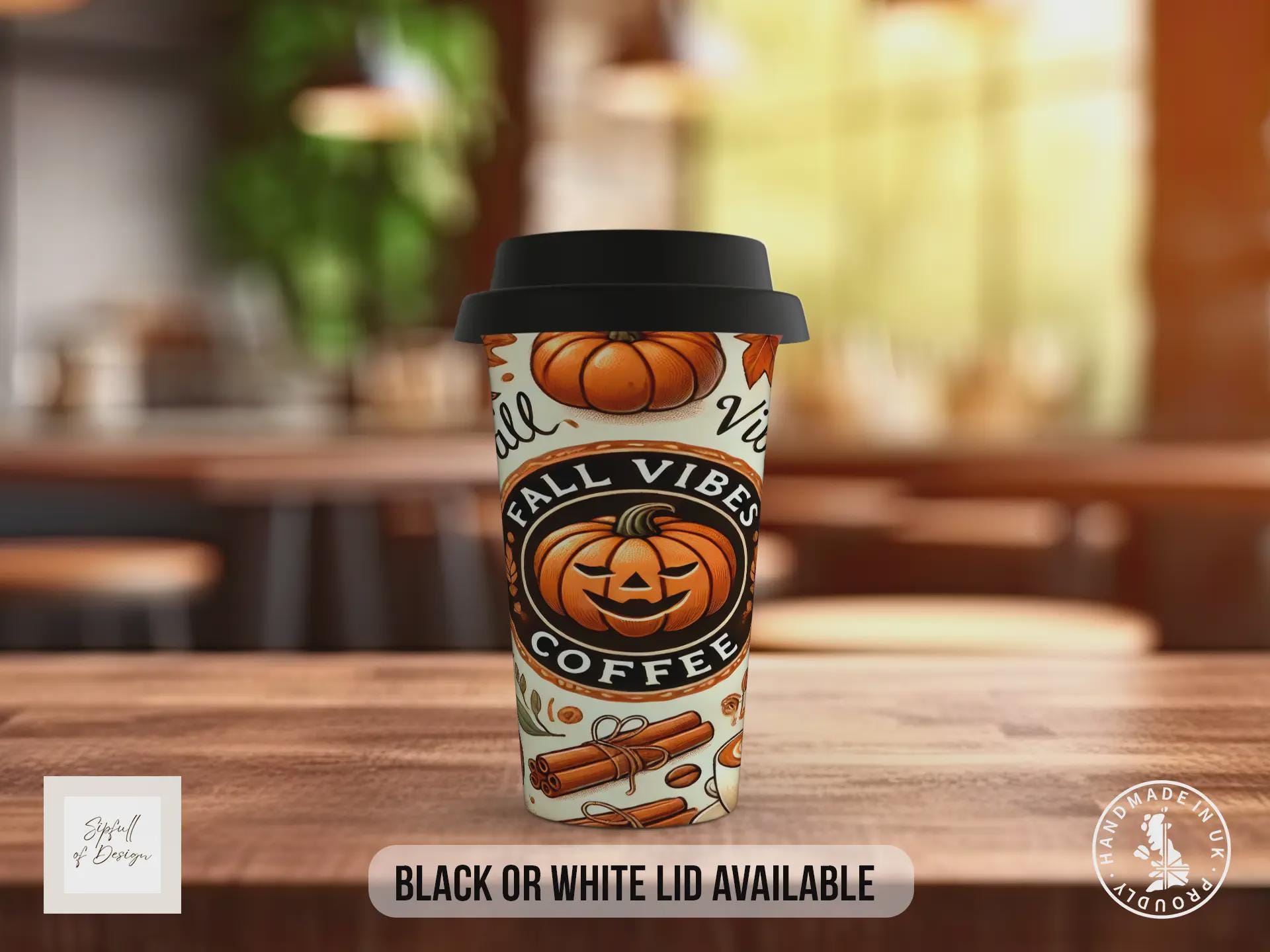 Pumpkin Spice Fall Vibes Travel Mug – Halloween Coffee Cup with Black or White Lid – Autumn Gift