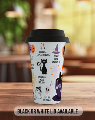 BOO-lieve in Yourself Halloween Travel Mug – Positive Self Care Coffee Cup – Autumn Gift with Black or White Lid