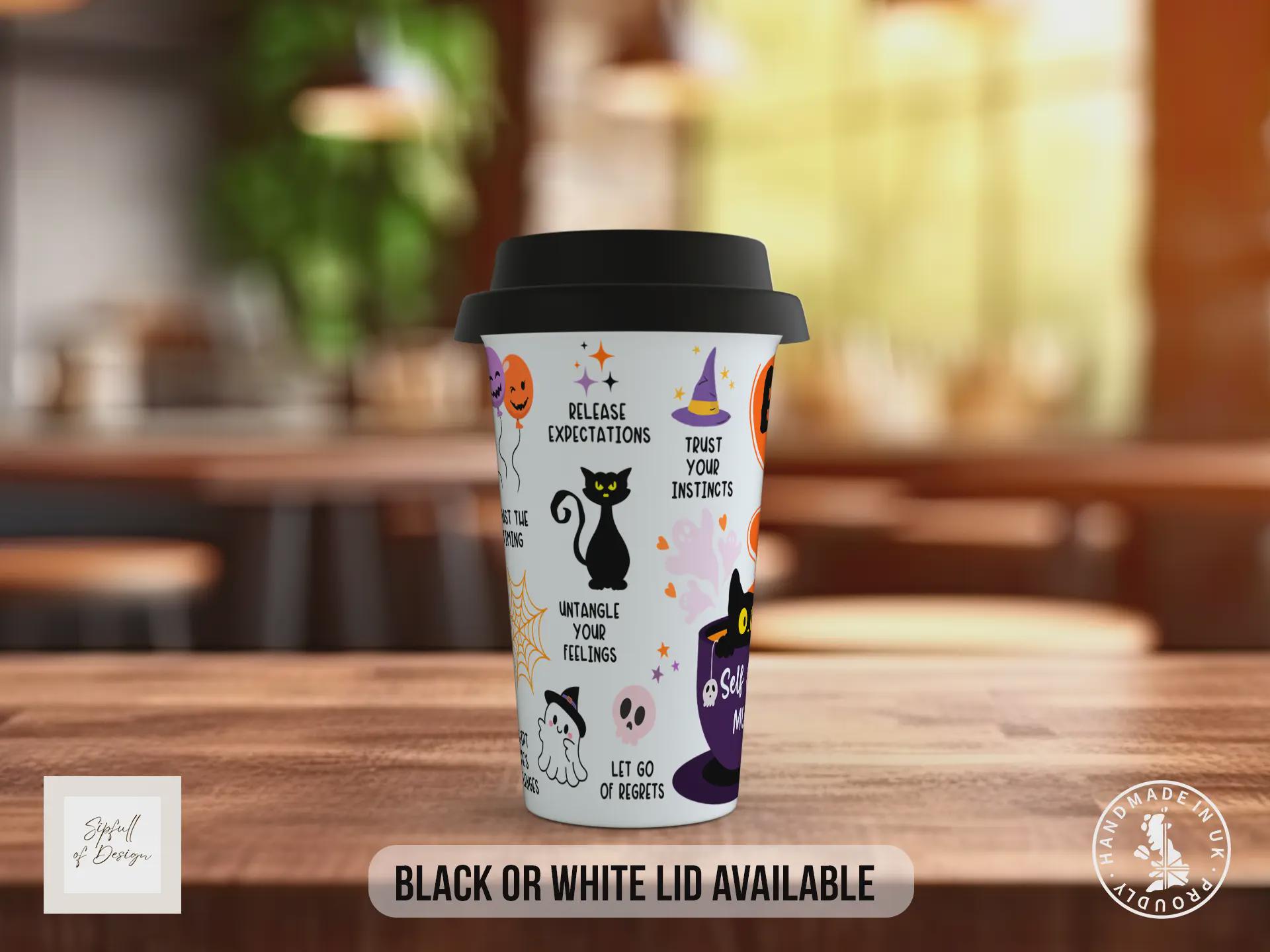 BOO-lieve in Yourself Halloween Travel Mug – Positive Self Care Coffee Cup – Autumn Gift with Black or White Lid