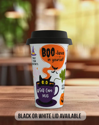 BOO-lieve in Yourself Halloween Travel Mug – Positive Self Care Coffee Cup – Autumn Gift with Black or White Lid