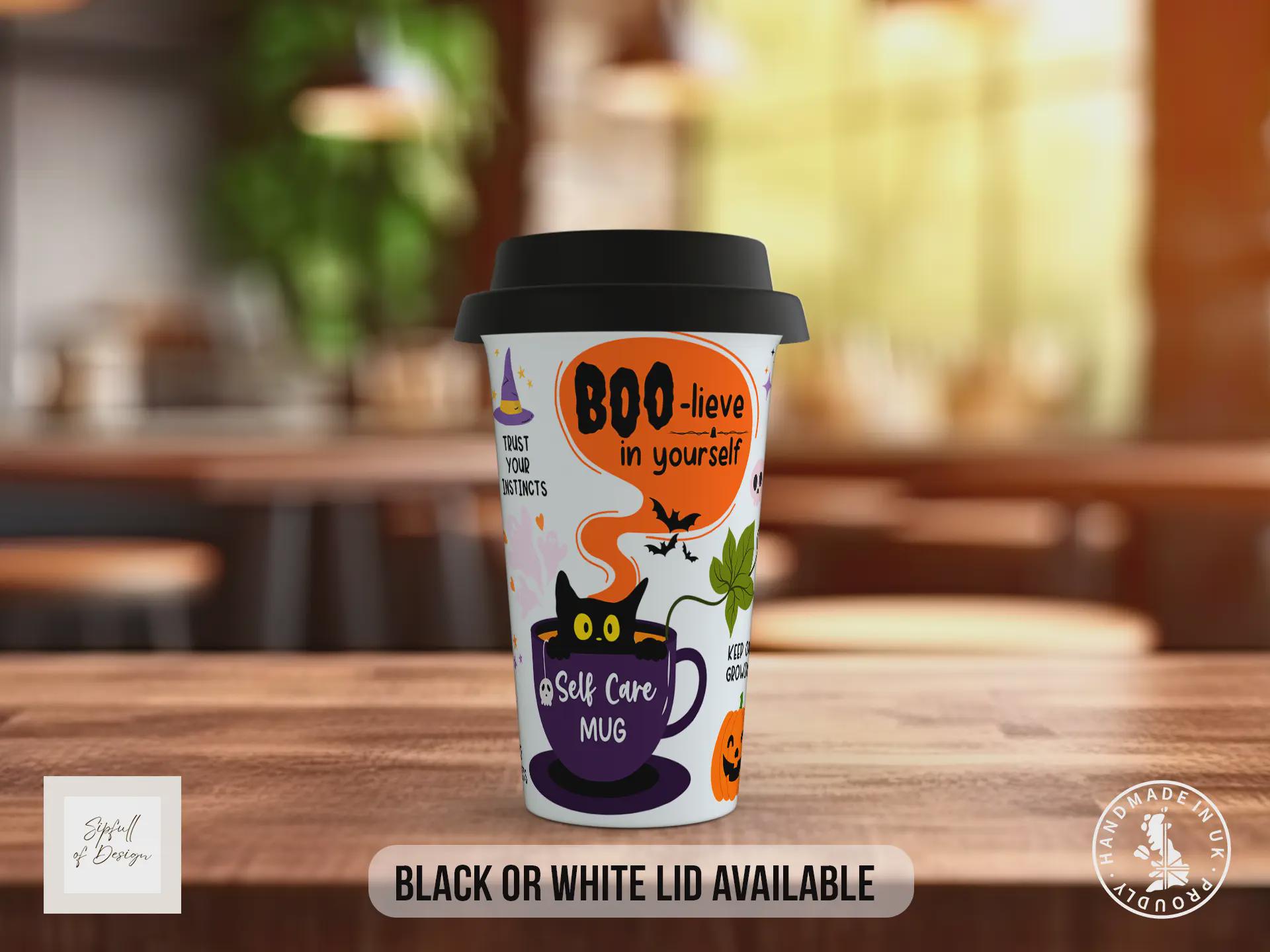 BOO-lieve in Yourself Halloween Travel Mug – Positive Self Care Coffee Cup – Autumn Gift with Black or White Lid