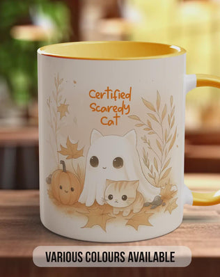 Too Cute to Spook Halloween Mug – Certified Scaredy Cat Ghost & Cat Coffee Cup