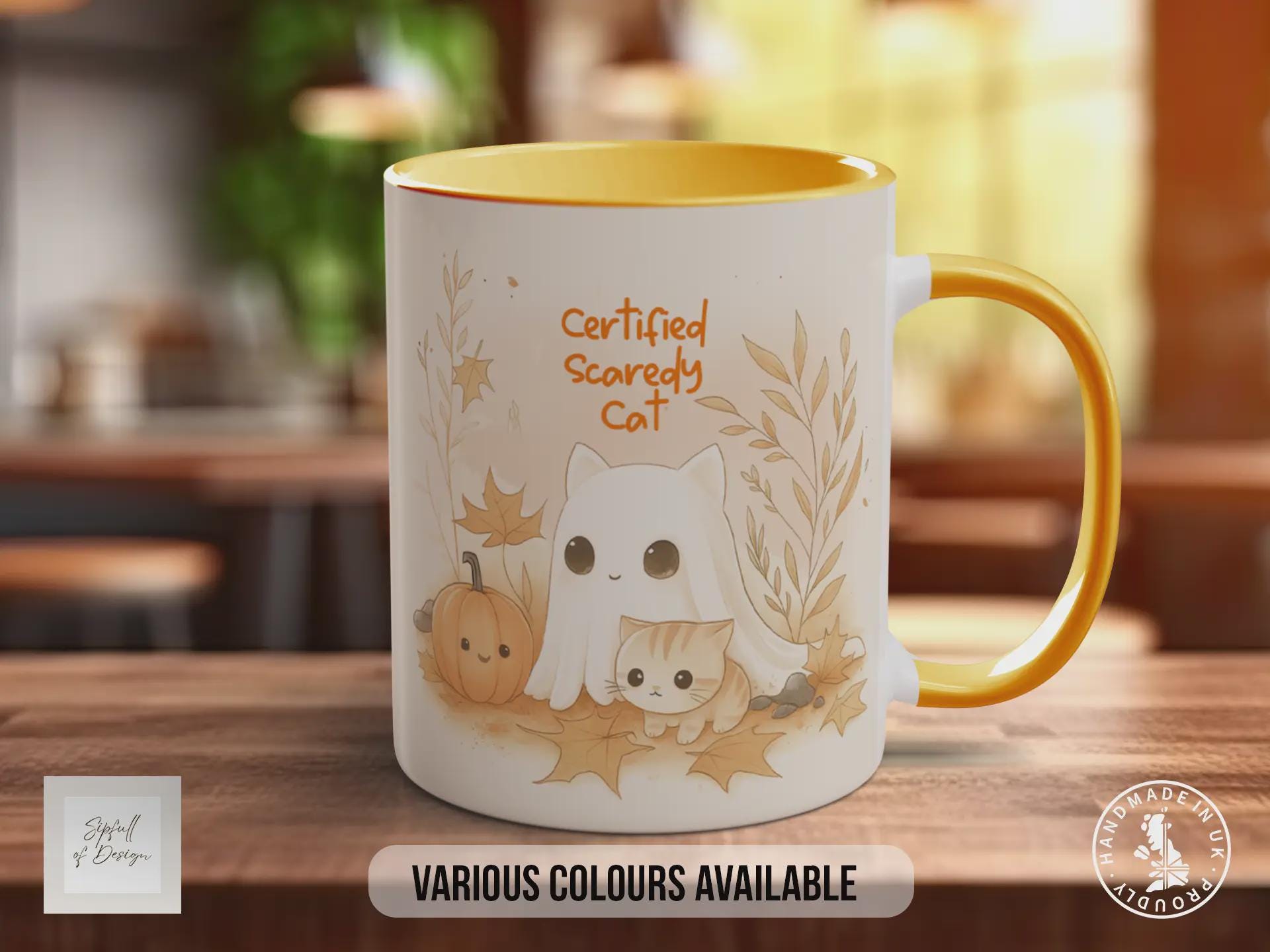 Too Cute to Spook Halloween Mug – Certified Scaredy Cat Ghost & Cat Coffee Cup