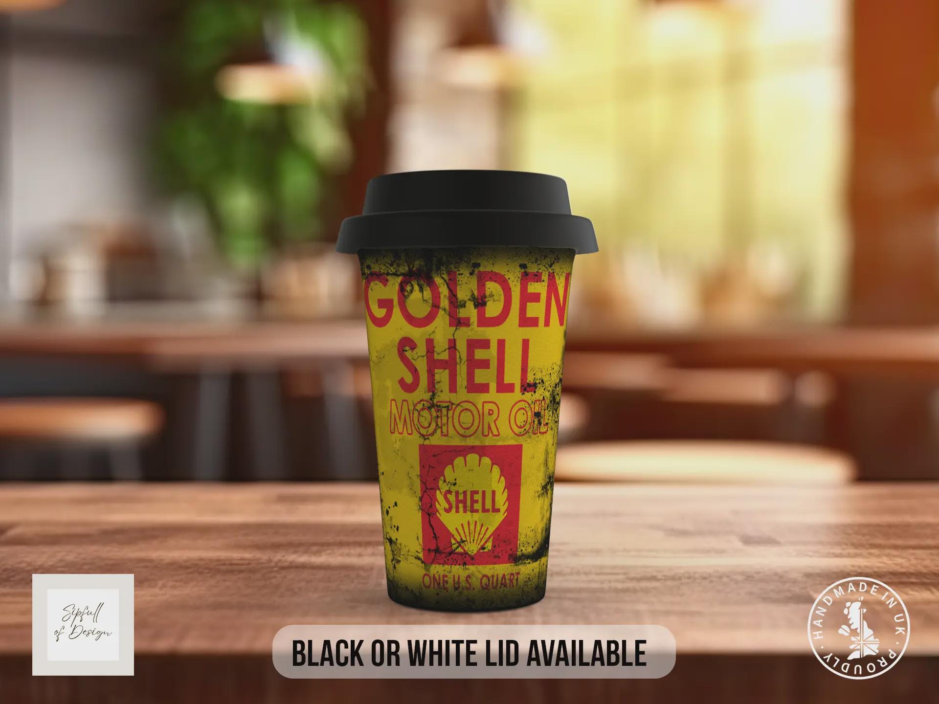 Golden Shell Travel Mug – Retro Motor Oil Insulated Coffee Cup