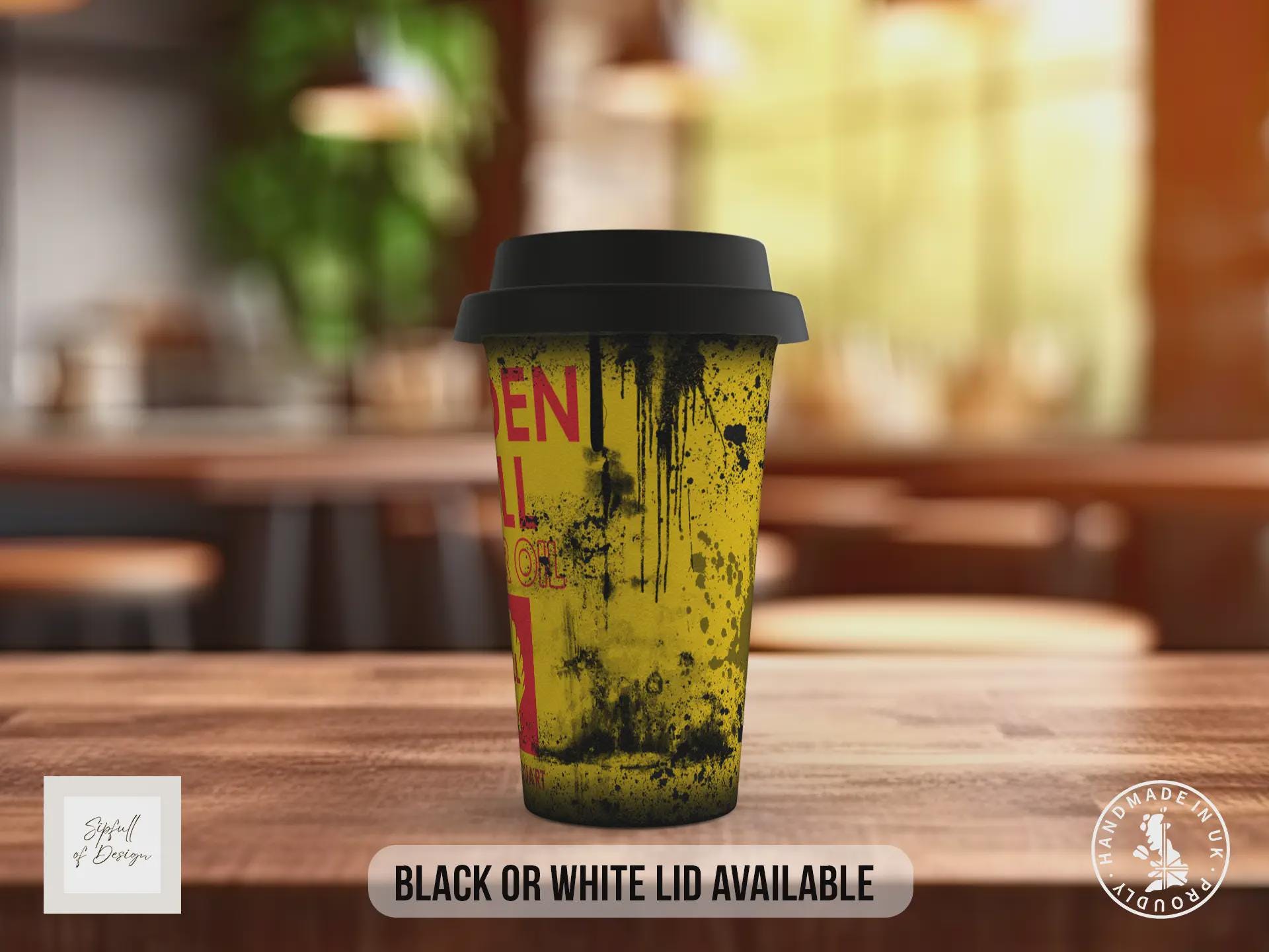 Golden Shell Travel Mug – Retro Motor Oil Insulated Coffee Cup