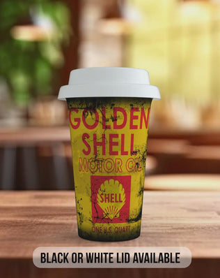 Golden Shell Travel Mug – Retro Motor Oil Insulated Coffee Cup