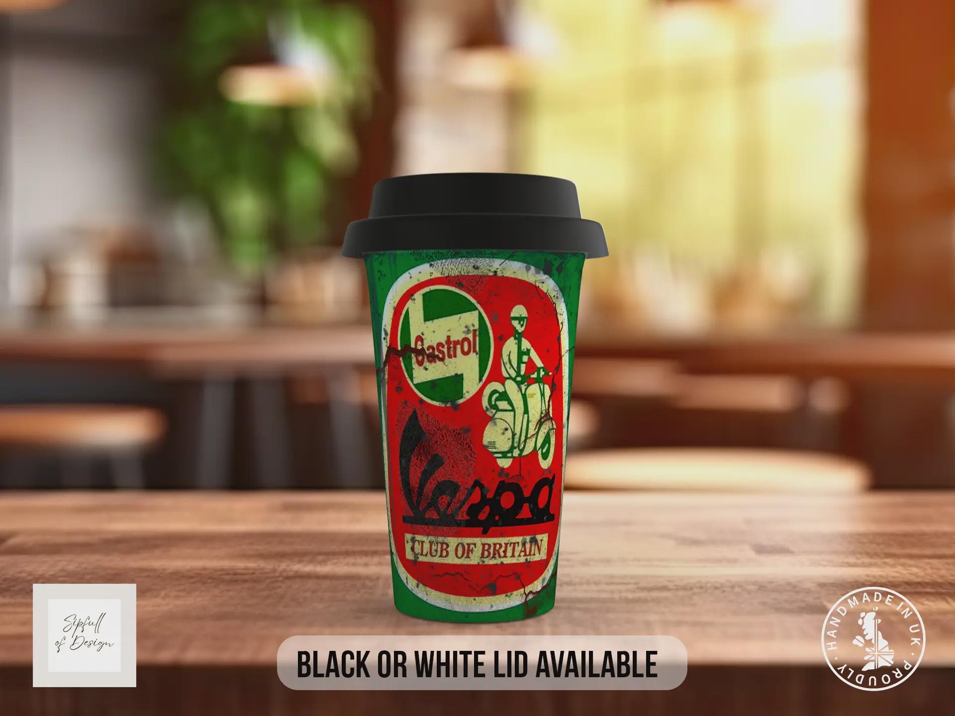 Castrol Vespa Club Travel Mug – Retro Scooter Insulated Coffee Cup