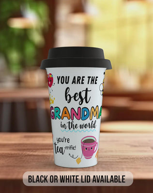 Best Grandma Ever Travel Mug – Colourful Full Wrap Design – Black or White Lid