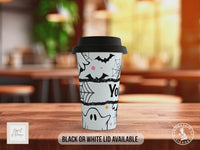 Personalised Cute Ghost Halloween Travel Mug – Custom Name Coffee Cup with Black or White Lid – Spooky Season Gift