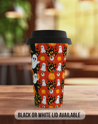 BOO Halloween Travel Mug – Ghosts, Pumpkins & Haunted House Design – Spooky Reusable Coffee Cup with Black or White Lid