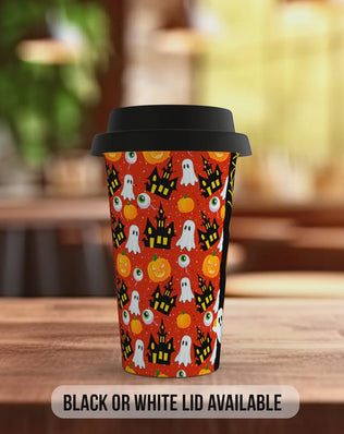 BOO Halloween Travel Mug – Ghosts, Pumpkins & Haunted House Design – Spooky Reusable Coffee Cup with Black or White Lid