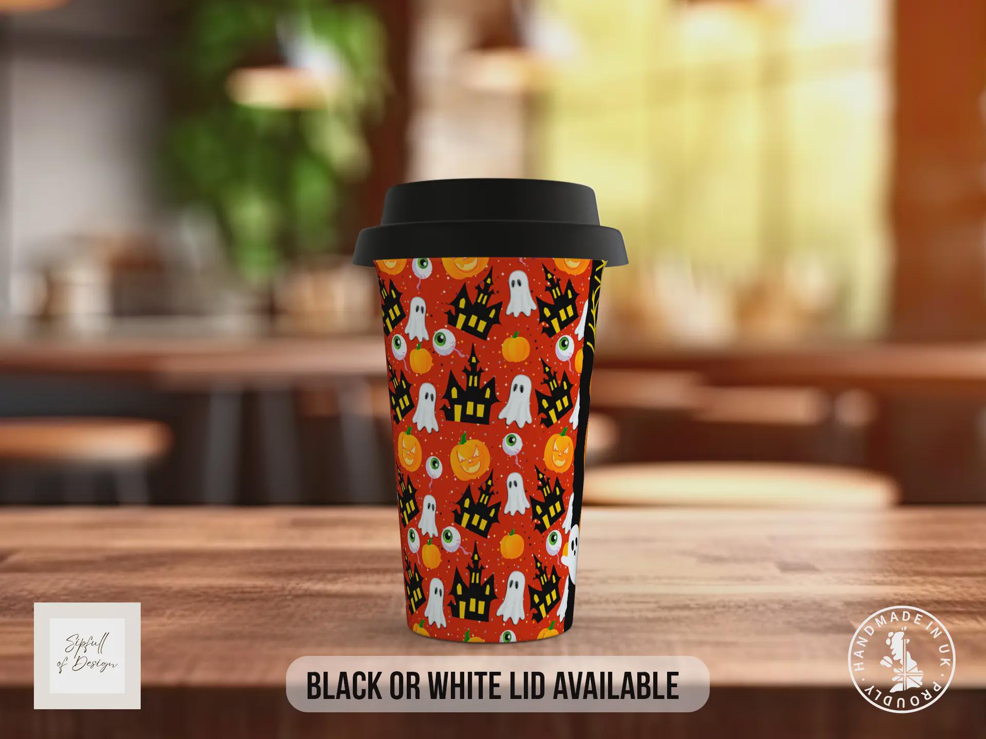 BOO Halloween Travel Mug – Ghosts, Pumpkins & Haunted House Design – Spooky Reusable Coffee Cup with Black or White Lid