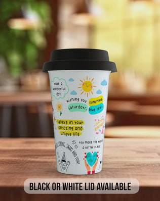 Happy Birthday Superstar Travel Mug – Colourful Positive Coffee Cup – Birthday Gift with Black or White Lid
