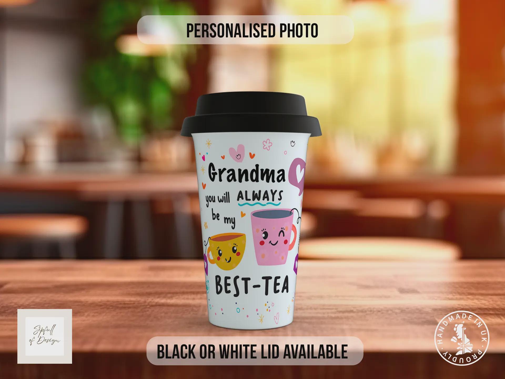 Personalised Grandma Best-Tea Travel Mug – Custom Photo Coffee Cup with Black or White Lid – Gift for Grandma