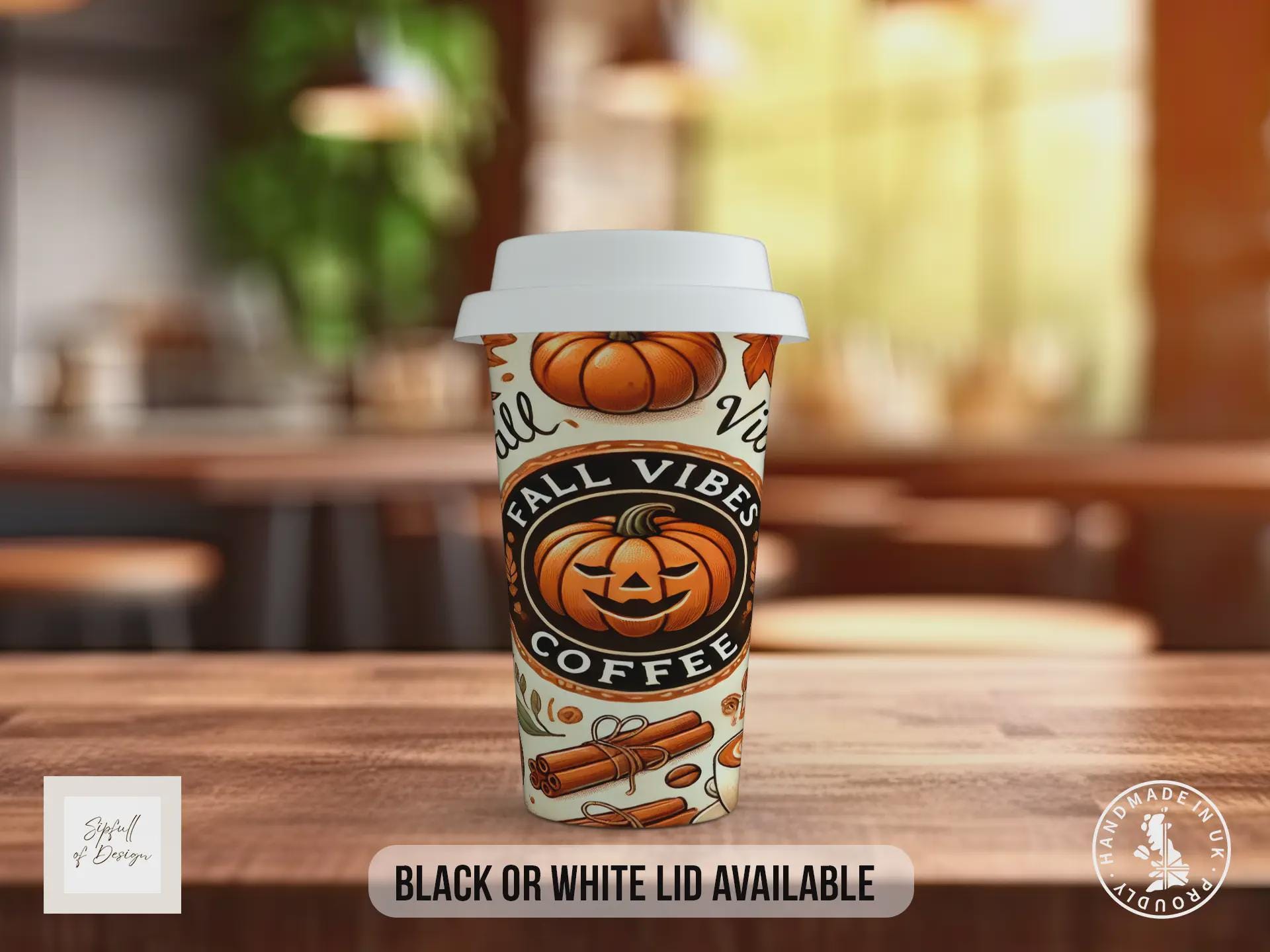 Pumpkin Spice Fall Vibes Travel Mug – Halloween Coffee Cup with Black or White Lid – Autumn Gift