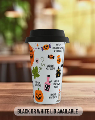 BOO-lieve in Yourself Halloween Travel Mug – Positive Self Care Coffee Cup – Autumn Gift with Black or White Lid