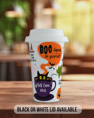 BOO-lieve in Yourself Halloween Travel Mug – Positive Self Care Coffee Cup – Autumn Gift with Black or White Lid
