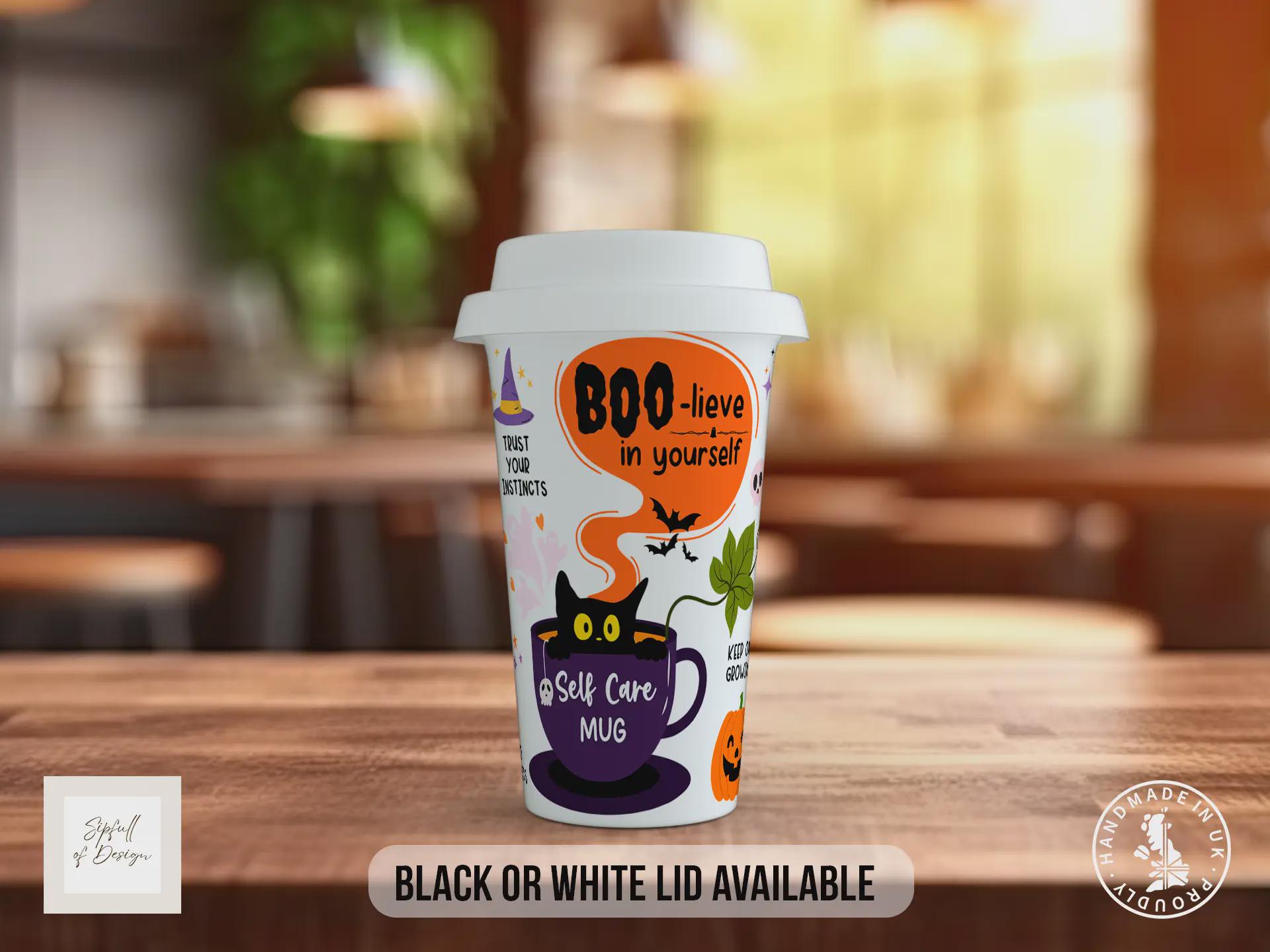 BOO-lieve in Yourself Halloween Travel Mug – Positive Self Care Coffee Cup – Autumn Gift with Black or White Lid