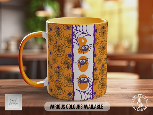 Halloween Spider Web Mug: Colorful Spiders & "BOO" Coffee Cup