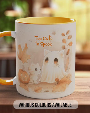 Too Cute to Spook Halloween Mug – Certified Scaredy Cat Ghost & Cat Coffee Cup