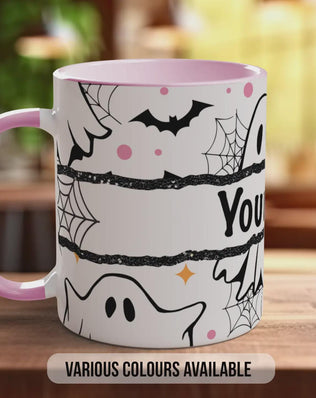 Personalised Ghost Halloween Mug – Custom Name Coffee Cup with Bats & Cobwebs – Spooky Autumn Gift
