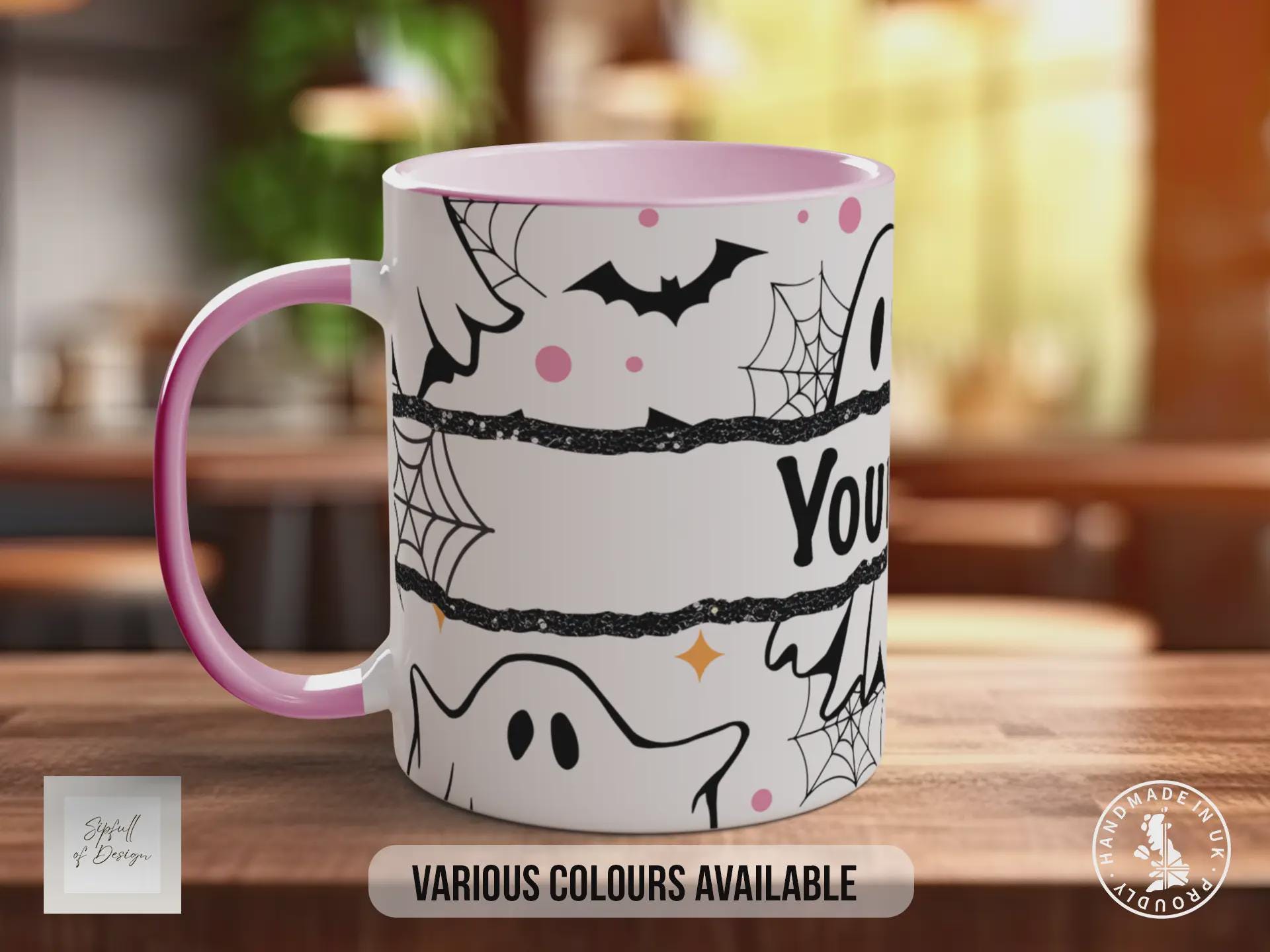 Personalised Ghost Halloween Mug – Custom Name Coffee Cup with Bats & Cobwebs – Spooky Autumn Gift