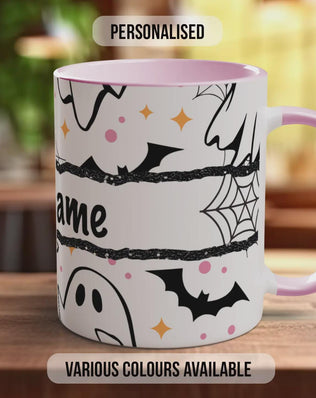Personalised Ghost Halloween Mug – Custom Name Coffee Cup with Bats & Cobwebs – Spooky Autumn Gift