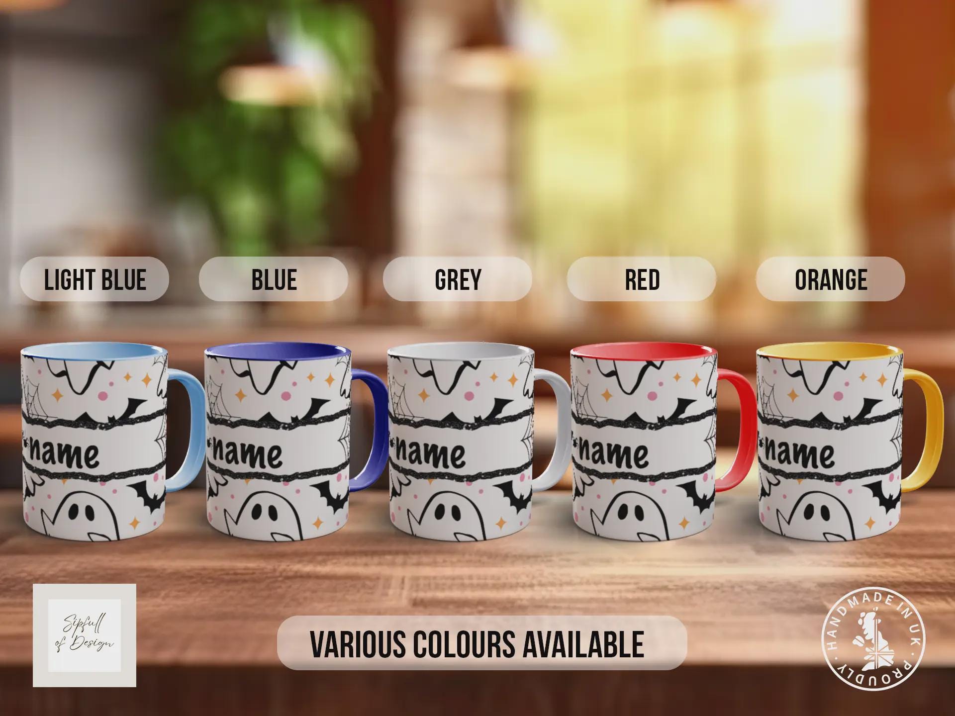 Personalised Ghost Halloween Mug – Custom Name Coffee Cup with Bats & Cobwebs – Spooky Autumn Gift