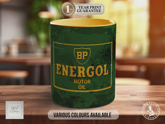 BP Energol Motor Oil Mug – Vintage Garage Mug | Retro BP Design | Handmade in Sussex UK