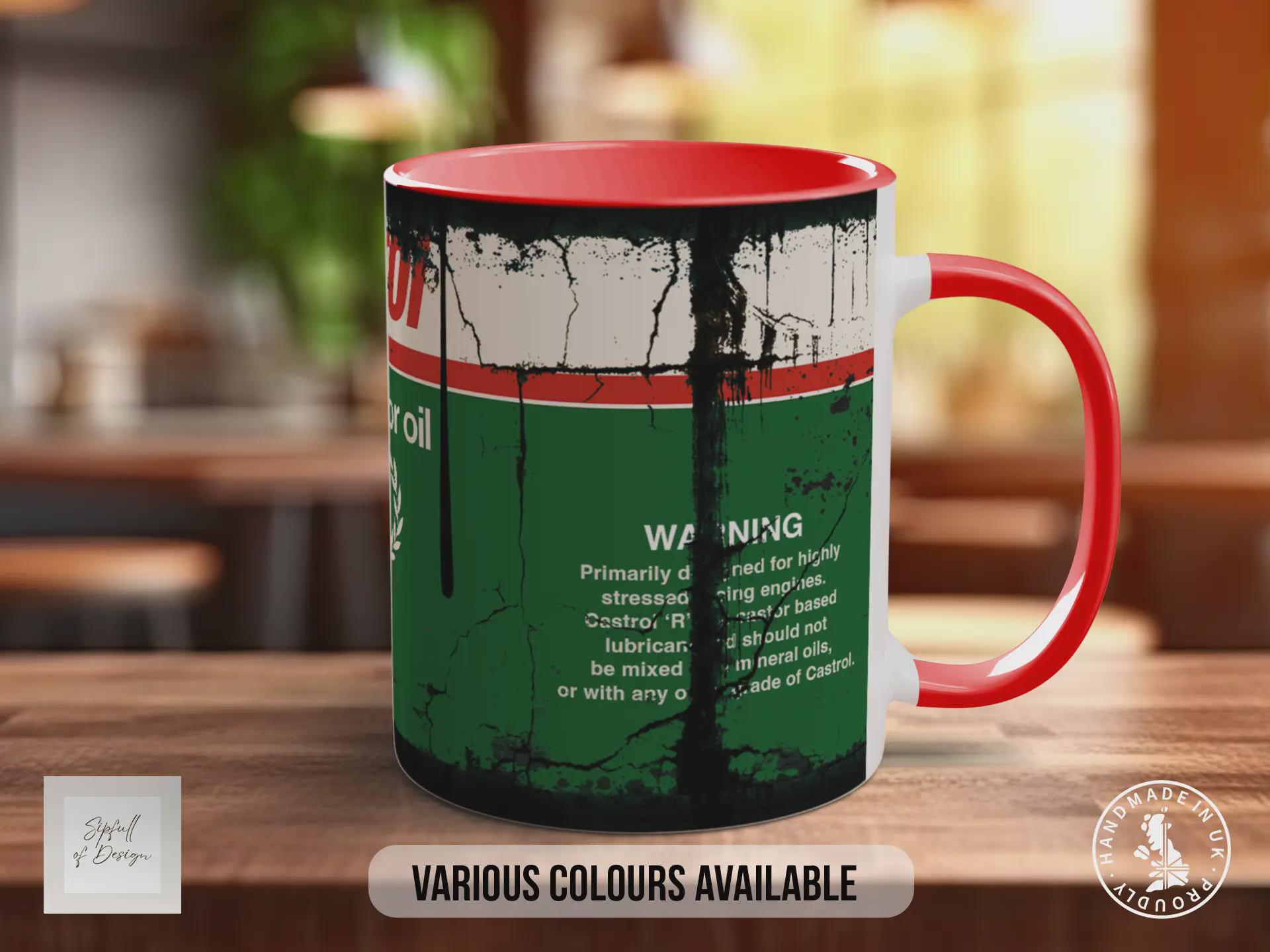 Castrol R Racing Motor Oil Mug – Retro Motorsport Gift for Car Lovers | Classic Castrol R40 Design | Handprinted in Sussex UK