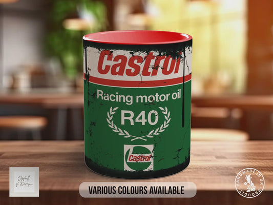 Castrol R Racing Motor Oil Mug – Retro Motorsport Gift for Car Lovers | Classic Castrol R40 Design | Handprinted in Sussex UK