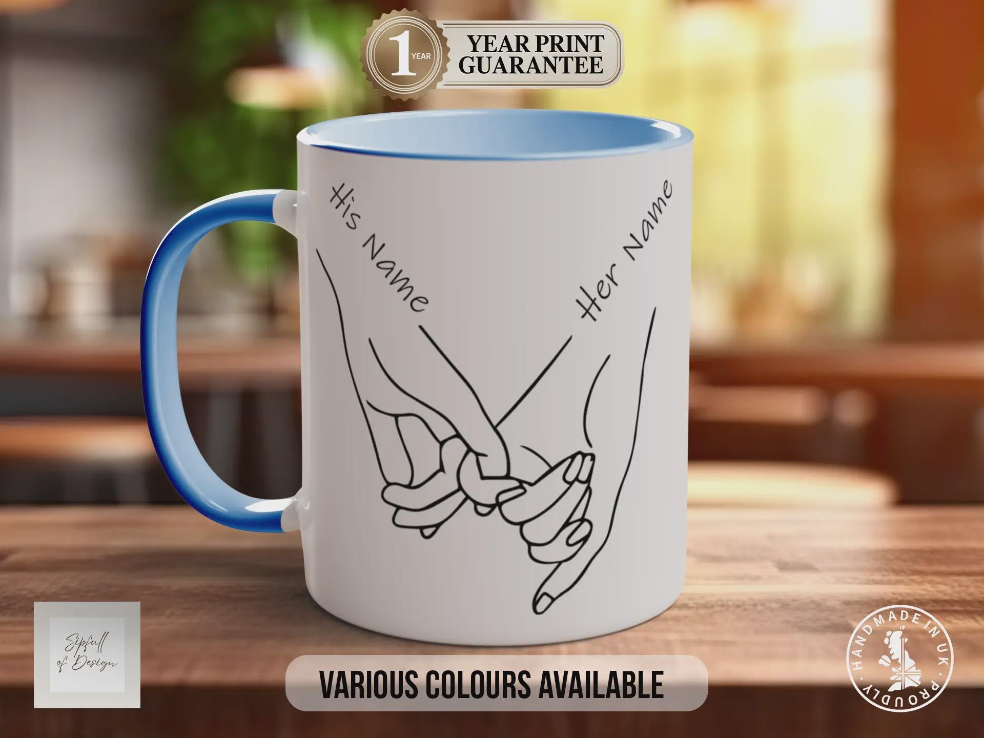 Holding Hands Personalised Mug – Custom Name Couple Gift | Minimal Line Art Design | Handmade in Sussex UK
