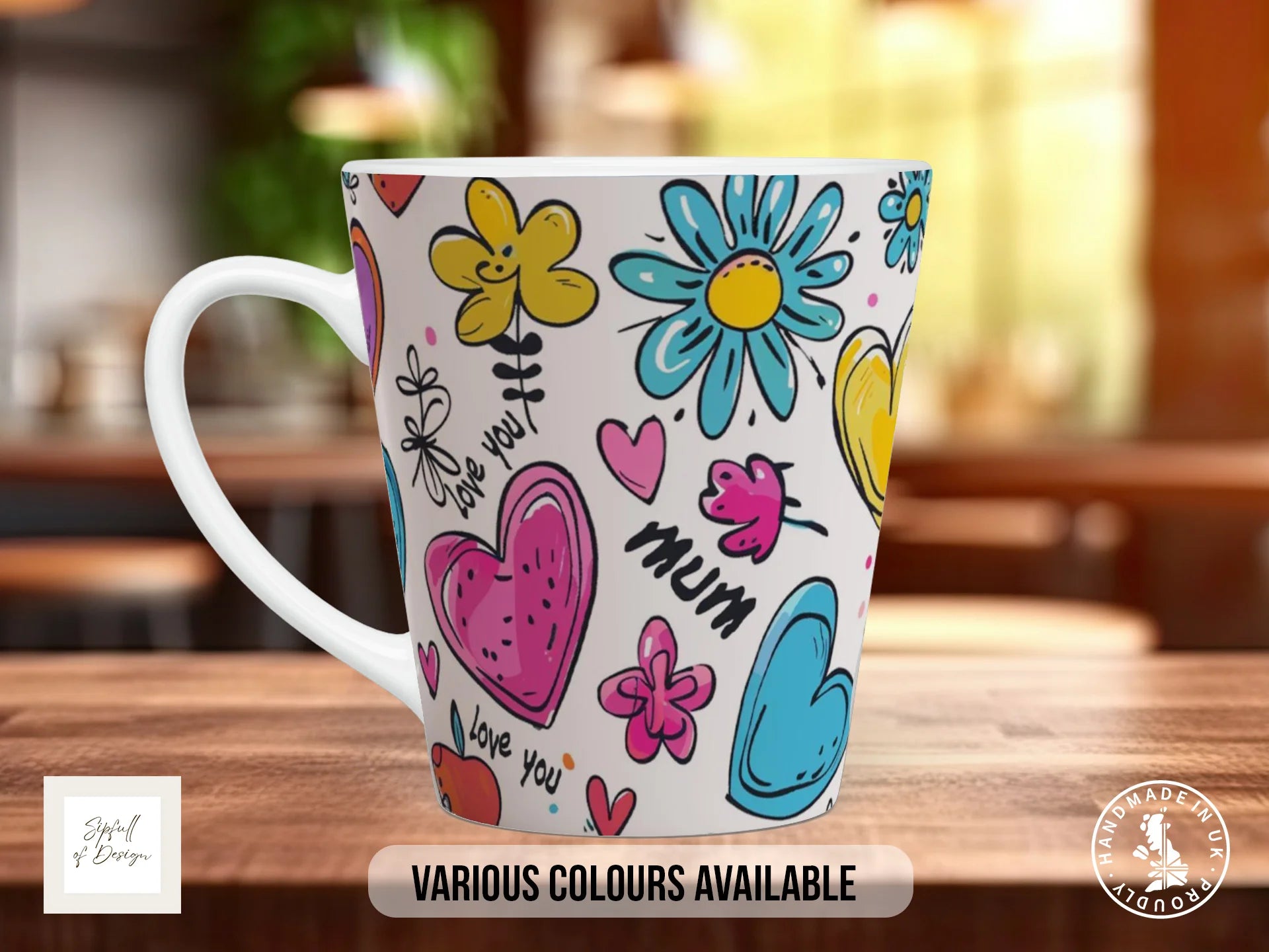 Love You Mum Doodle Hearts & Flowers Mug | Mother's Day Gift 12oz Latte