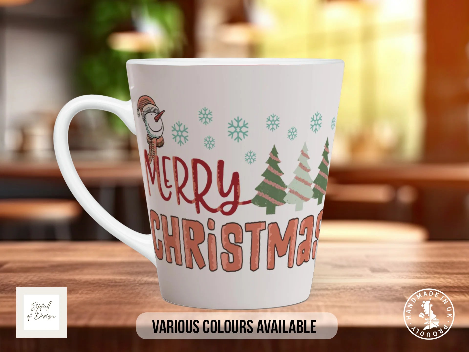 Merry Christmas Mug | Retro Snowman & Striped Tree Design 12oz Latte