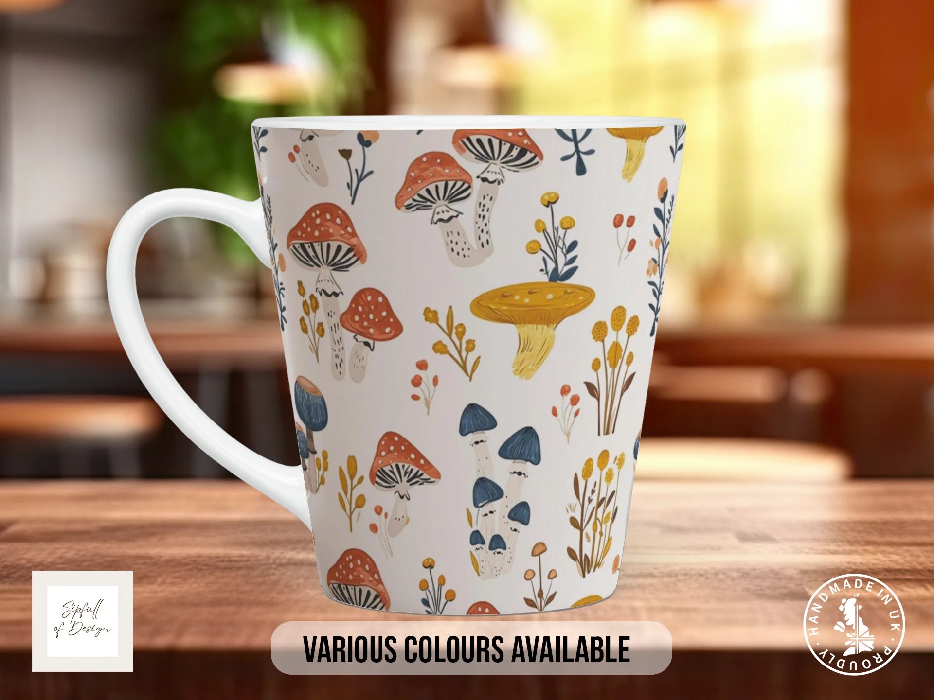 Mushroom Garden Full Wrap Mug – Design 5 | Folk Art Mushroom Characters | Nature Art Mug 12oz Latte