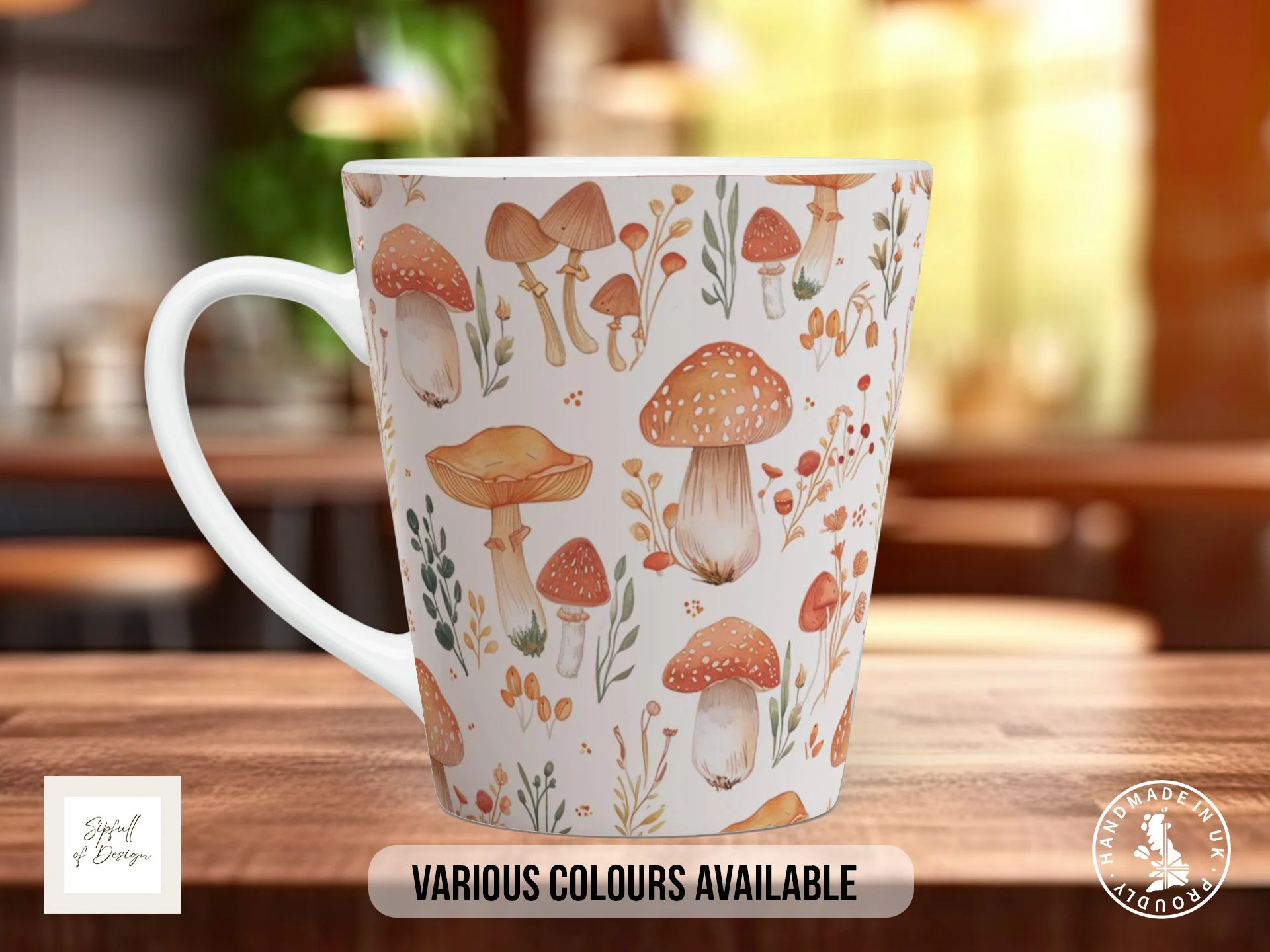 Mushroom Garden Full Wrap Mug – Design 6 | Golden October Beech Wood | Nature Art Mug 12oz Latte